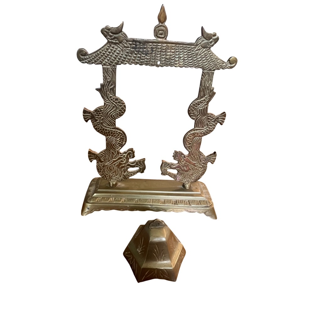 Vintage Brass Dragon Pagoda Tabletop Bell Stand Chinoiserie Decor Gold Tone